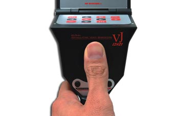 The VJ-ADV video borescope's joystick, which allows precise thumb control for full movement in all directions.