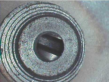 Image of a bore-hole, which is an access port for a 4mm borescope, taken by a VJ-Advance video borescope during an inspection.