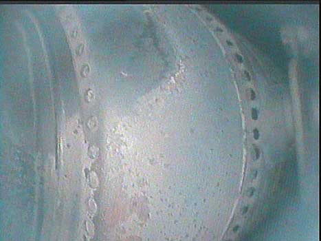 Pratt and Whitney JT8 combustion chamber section as shown through a VJ-Advance video borescope class=