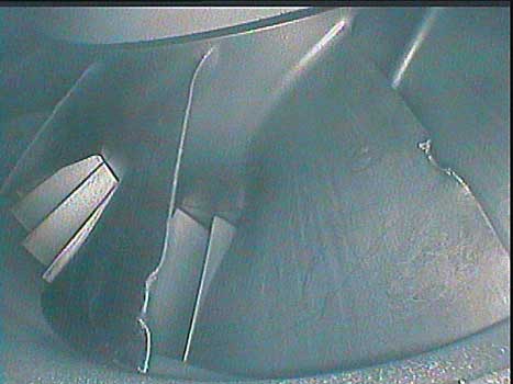Pratt and Whitney PT6 FOD as shown through a VJ-Advance video borescope class=