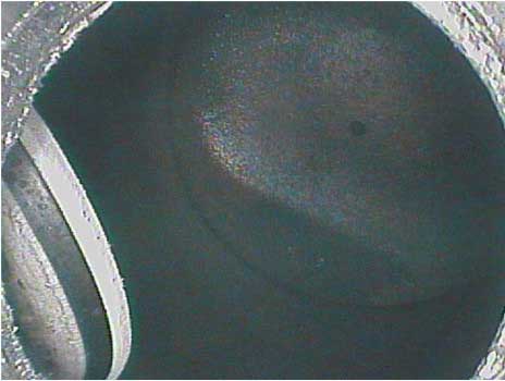 Image showing the view through the spark plug hole, which indicates that the valve and piston dome are viewable, taken with a VJ-Advance video borescope during a small engine inspection